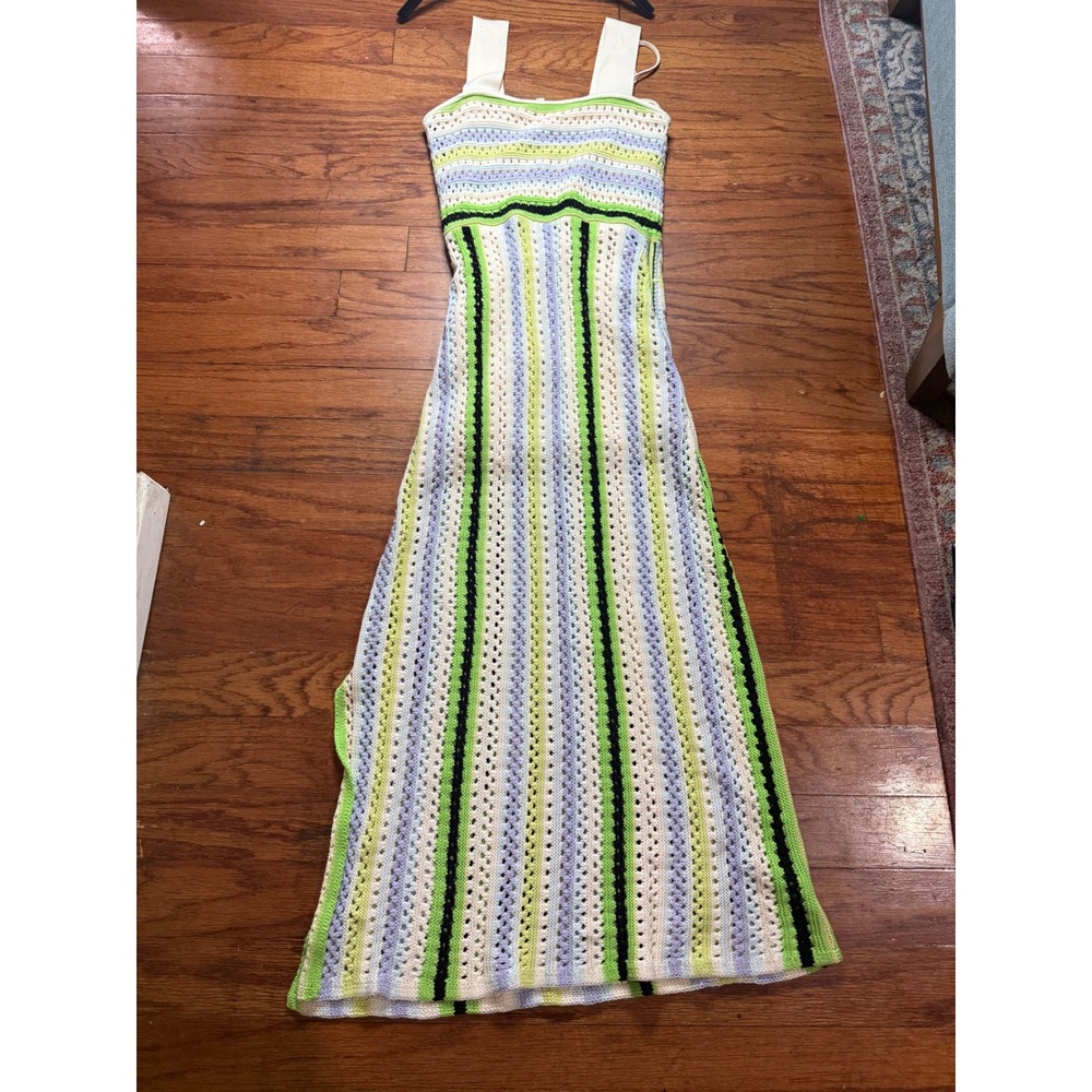 Ciebon Womens Crochet Maxi Dress Green Purple Striped Sleeveless Open Knit Large - Picture 1 of 6